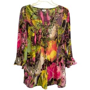 Agora Size 1X Sequined & Embroidered Multicolor Sheer Tunic